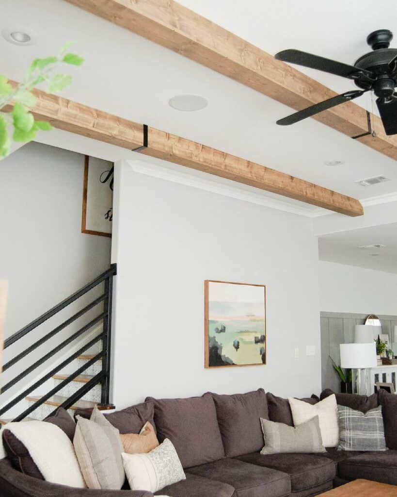 White Living Room Ceiling With Exposed Natural Wood Beams