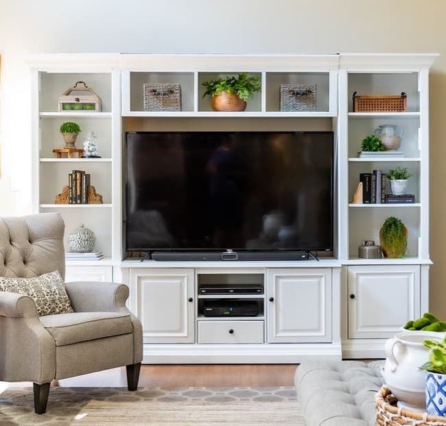 White Living Room Entertainment Center With TV