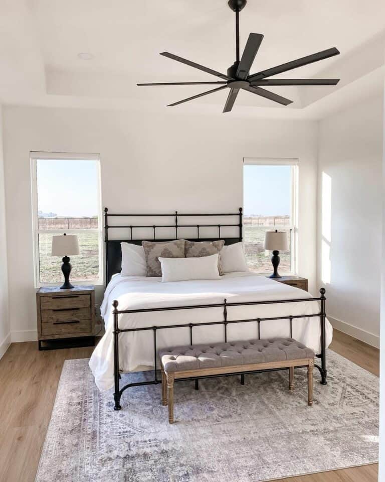 White Master Bedroom With Black Ceiling Fan
