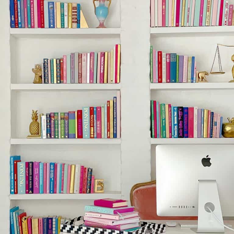 White Office Shelves With Pink and Blue Books