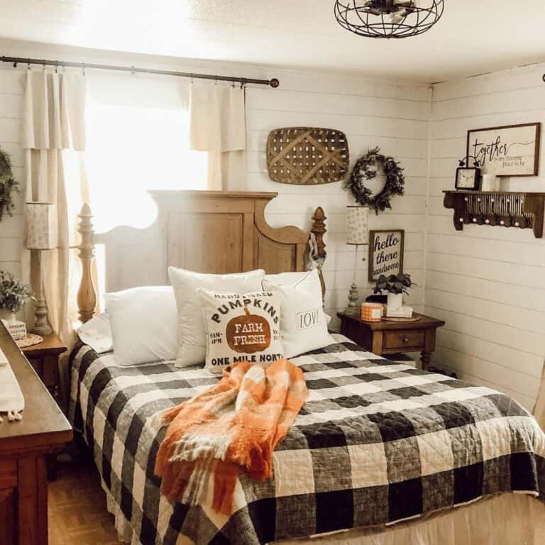 White Shiplap Bedroom With Wood Décor