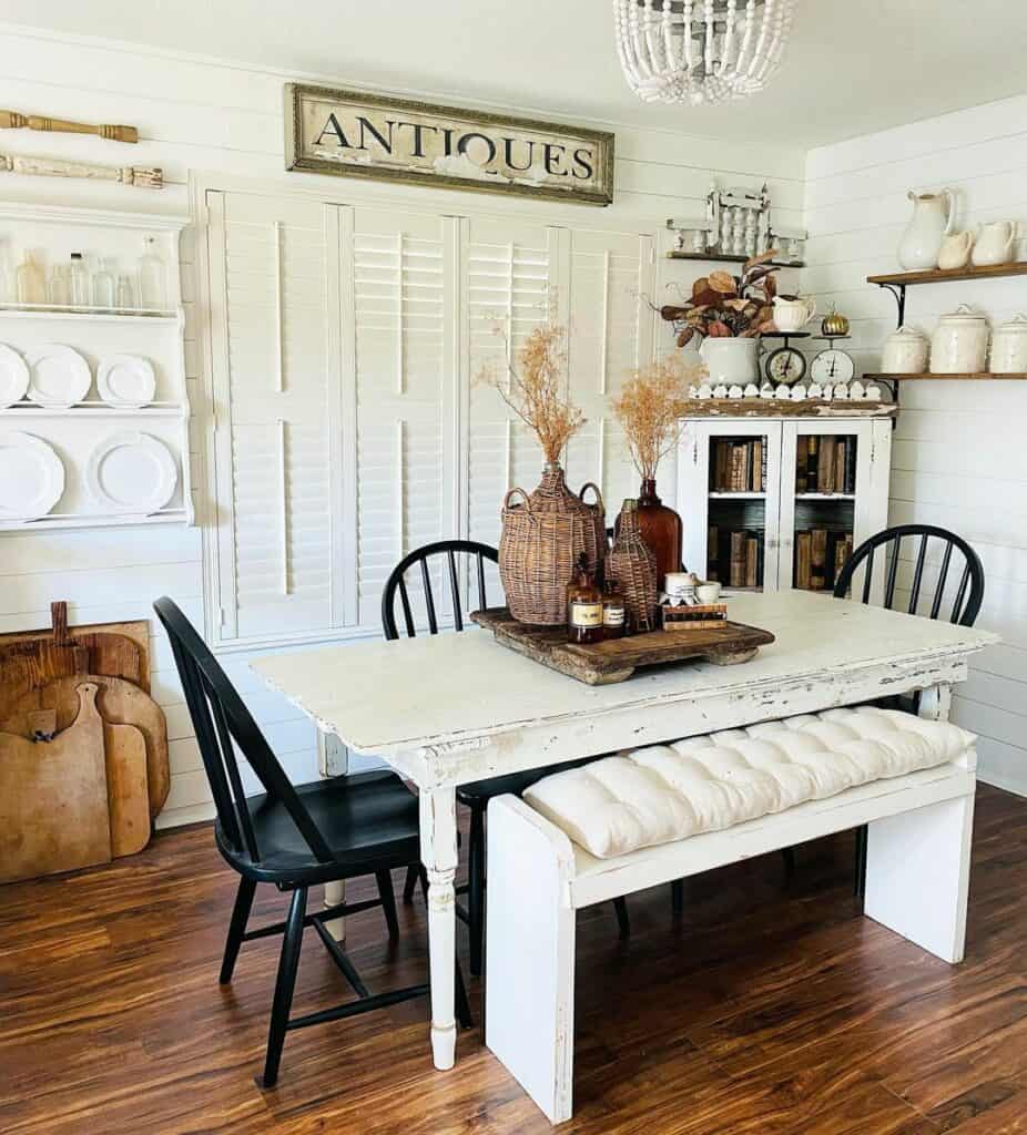 White Shiplap Dining Room With Rustic White Table