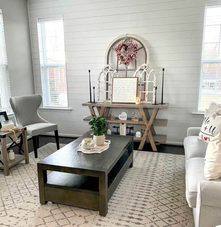 White Shiplap Living Room Accent Wall