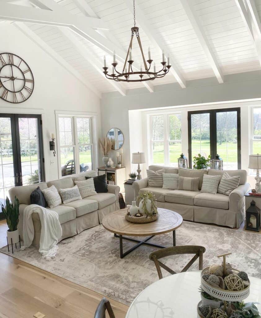 White Shiplap Living Room Ceilings With Industrial Lights