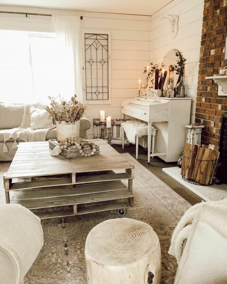 White Shiplap Living Room With Gray Wood Table