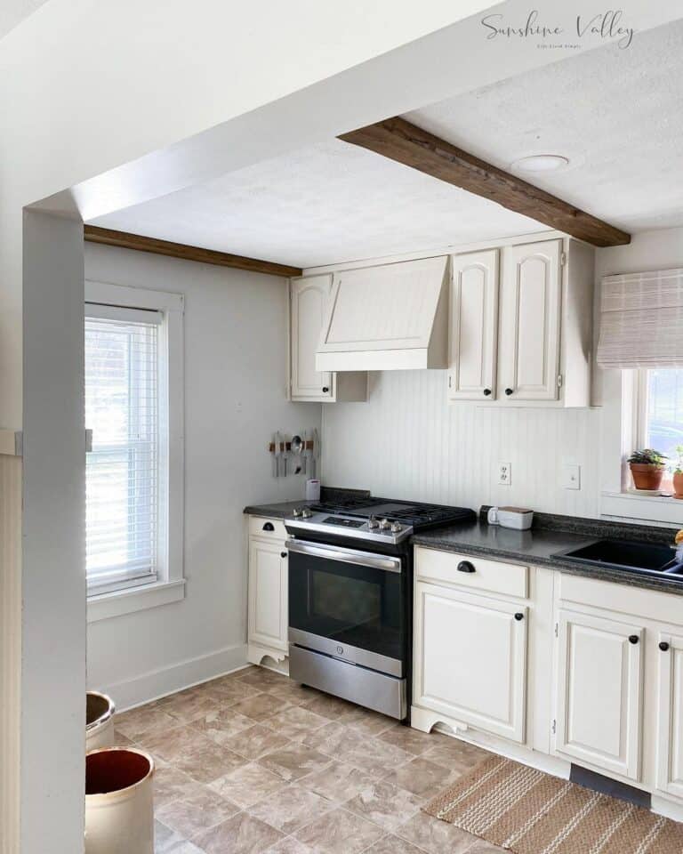 White Shiplap Walls With Black Granite Countertop in Kitchen