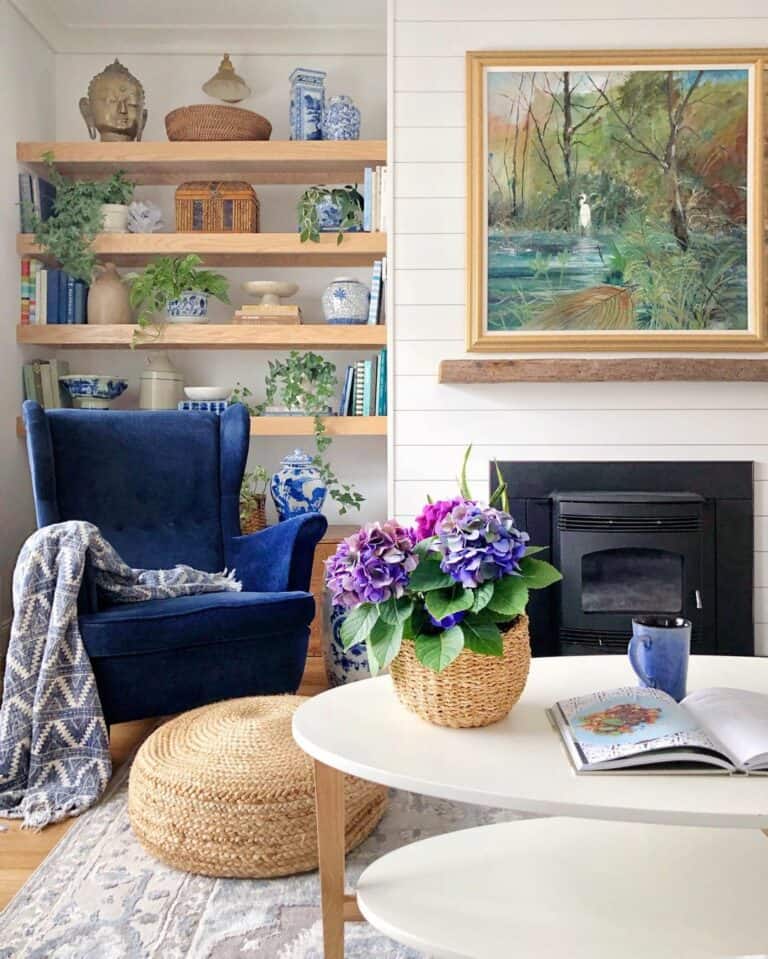 White Shiplap Walls in Blue and White Living Room