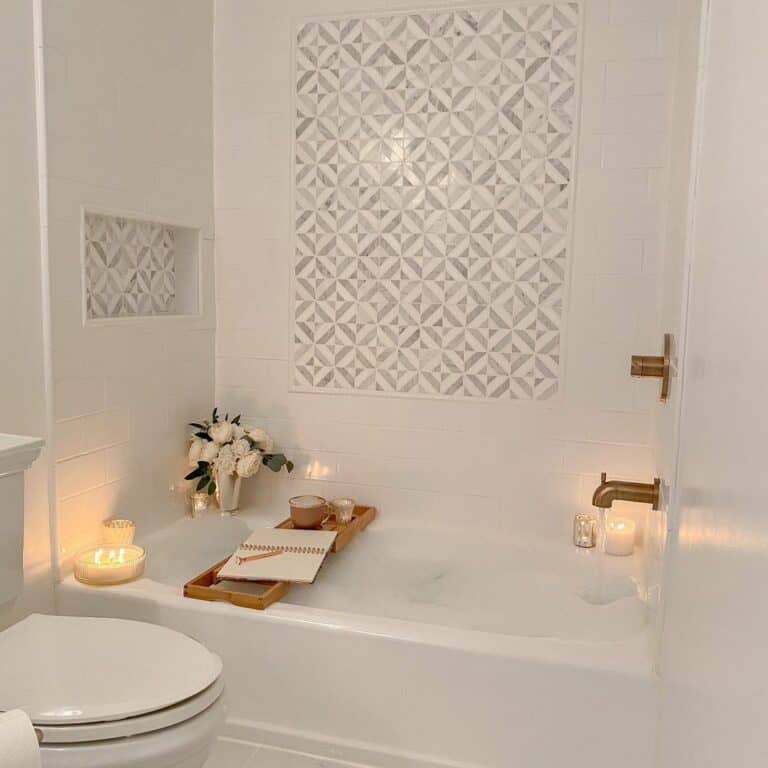 White Shower and Tub Combo With Gray Accent Tiles