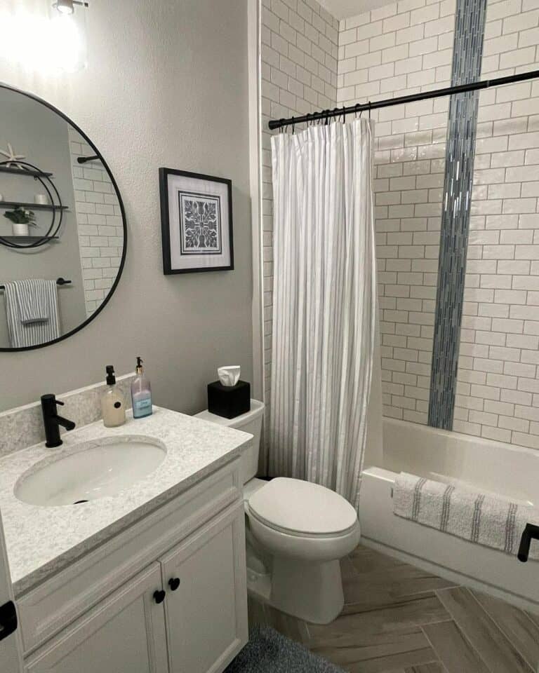 White Subway Tile Shower With Blue Accent Tiles