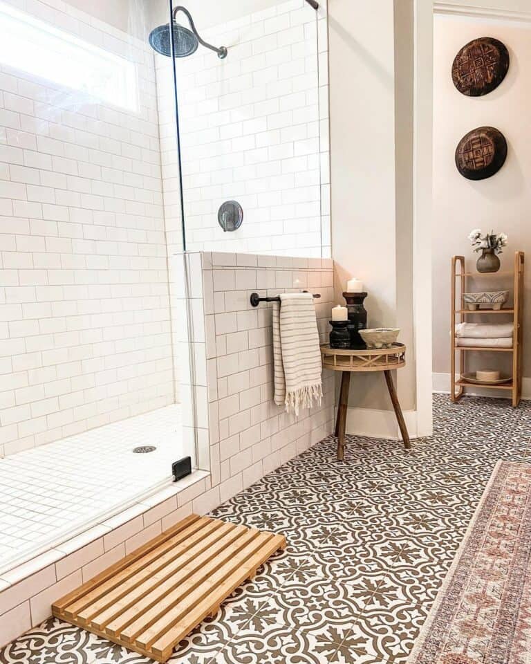 White Subway Tile Shower and an Ornately Patterned Floor