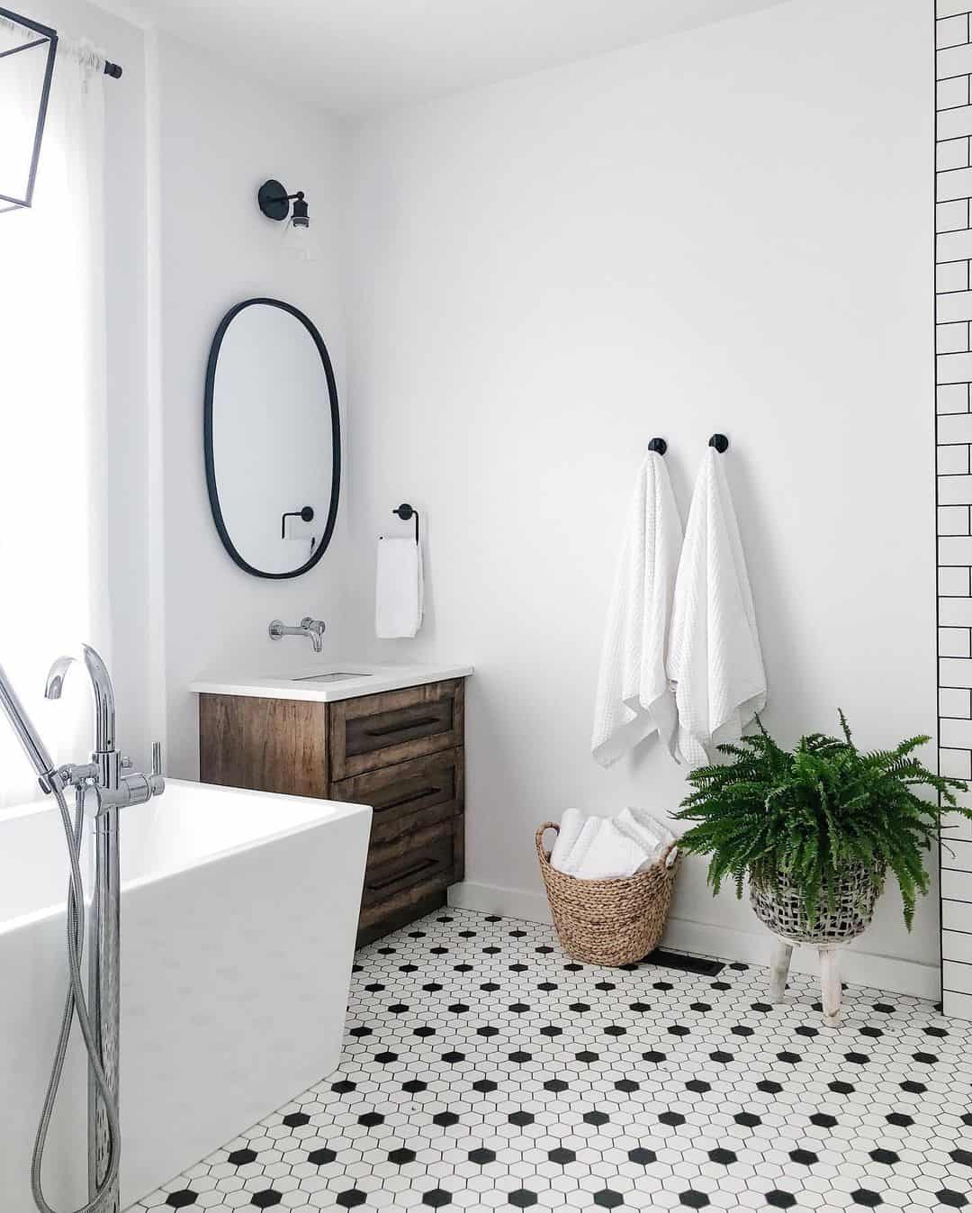 White and Black Hexagon Tile Bathroom Flooring - Soul & Lane