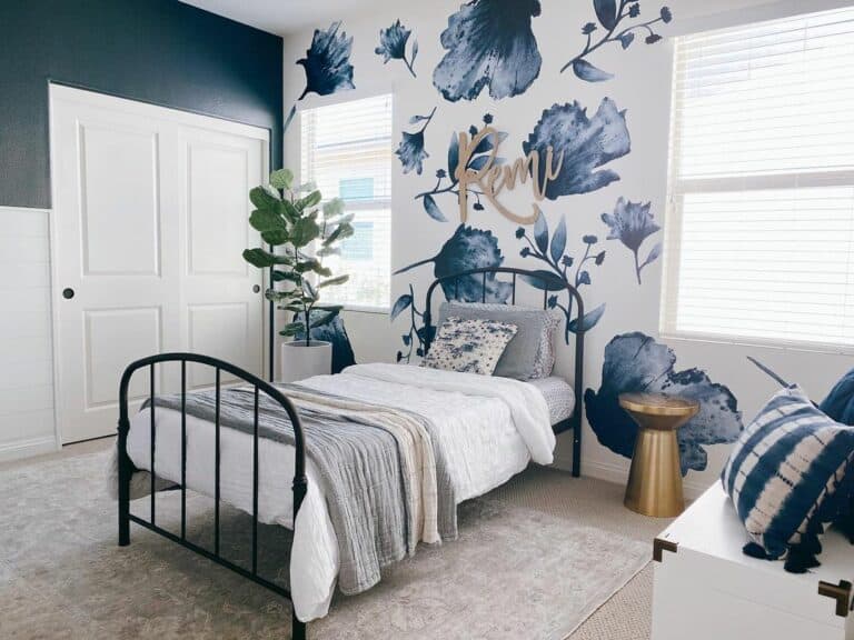 White and Blue Floral Accent Wall