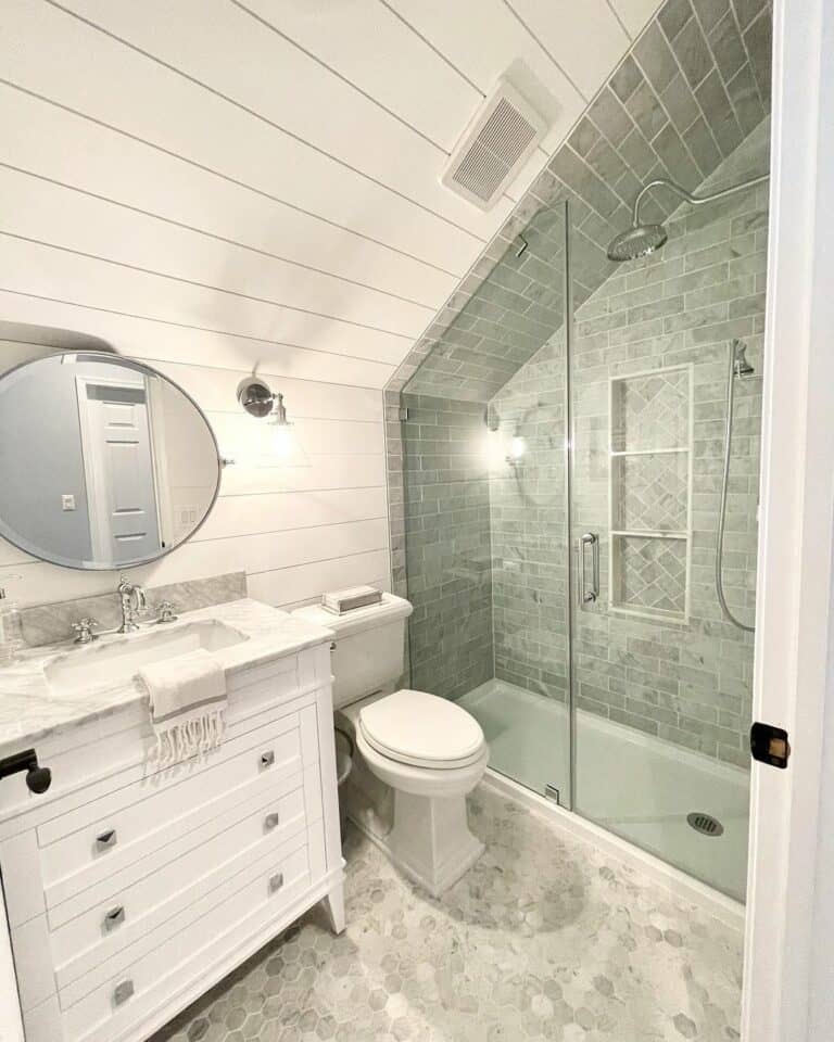 White and Gray Bathroom Design With Gray Stone Shower Tiles
