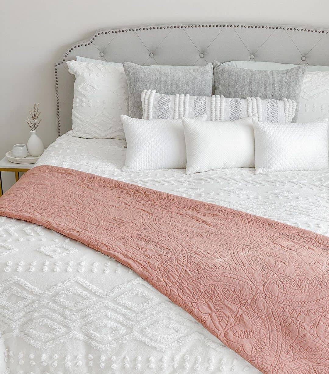 White and Gray Bed With Pink Throw Soul & Lane