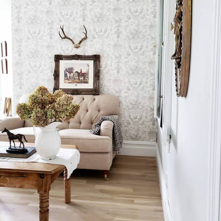 White and Gray Patterned Wallpaper Accent Wall