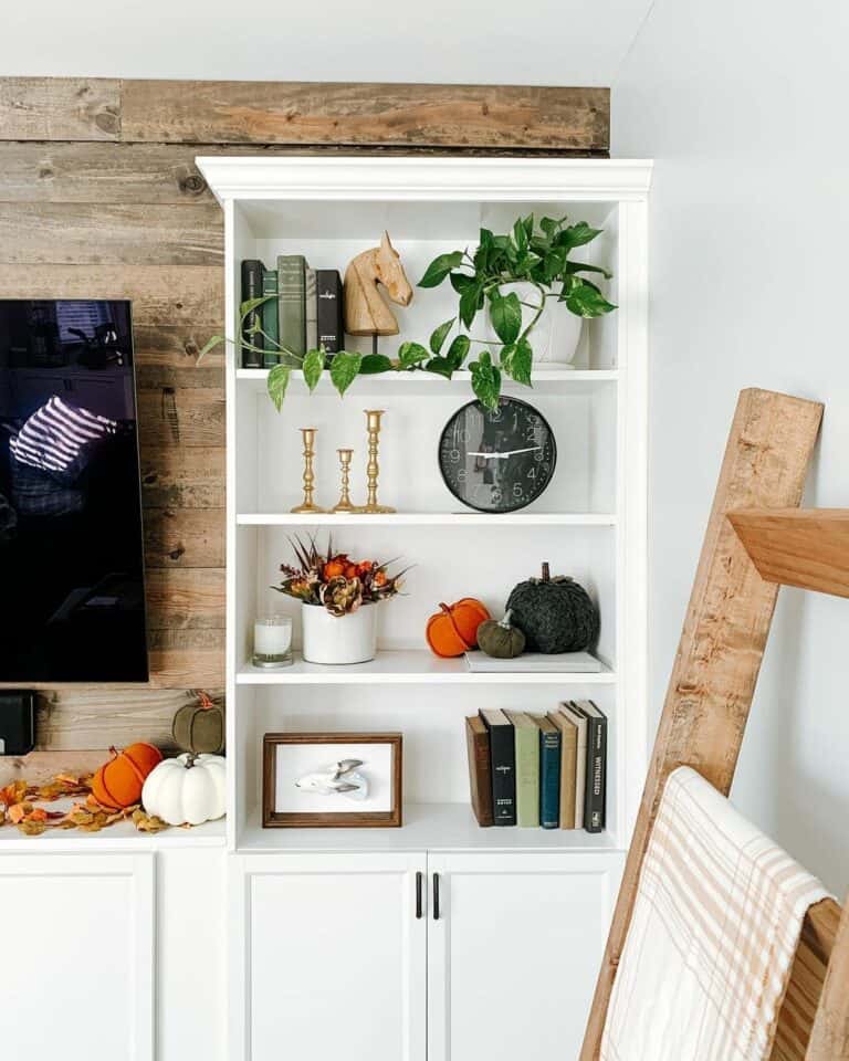 Wood Accent Wall Enhances Fall Bookshelf Décor