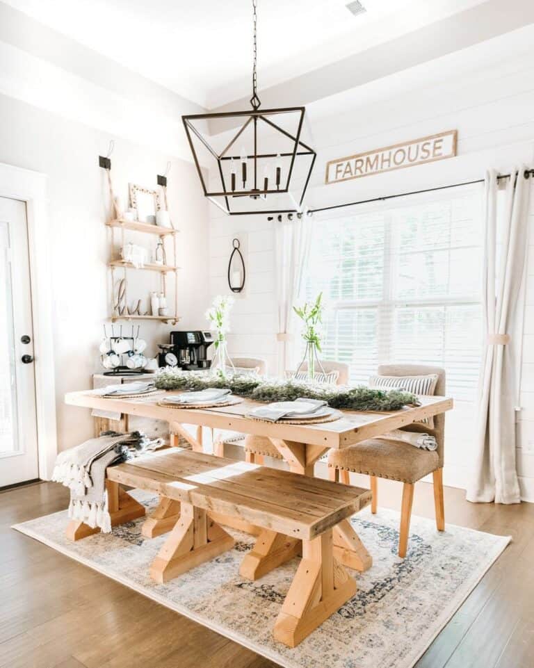 Wood Dining Set and White Shiplap Wall