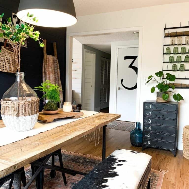 Wood Dining Table With Cowhide Bench