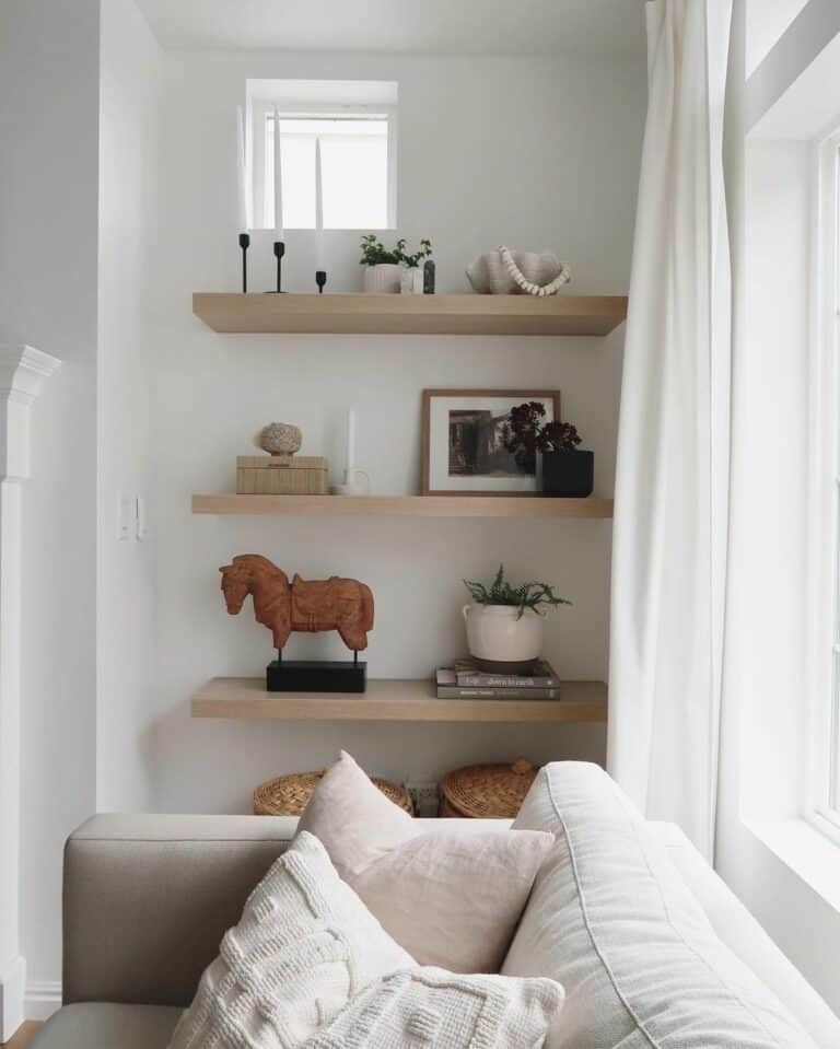 Wood Floating Shelves With Living Room Décor