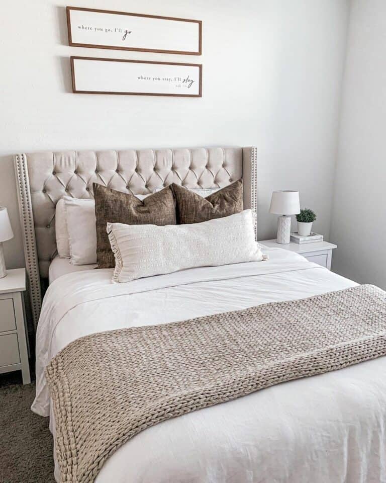Wood Frame Wall Signs Above Tufted Headboard