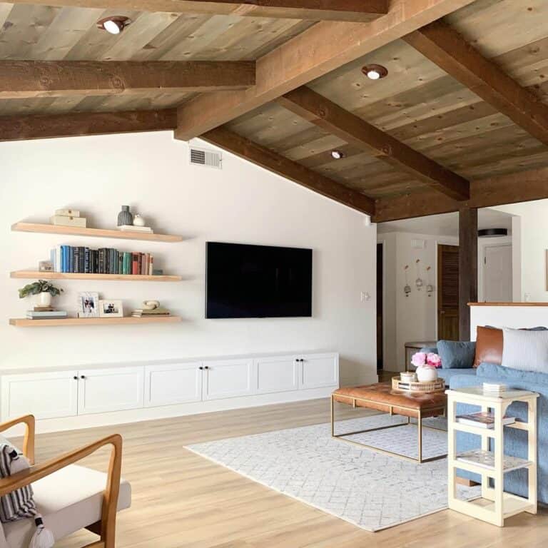 Wood Paneled Living Room Ceilings With Exposed Beams