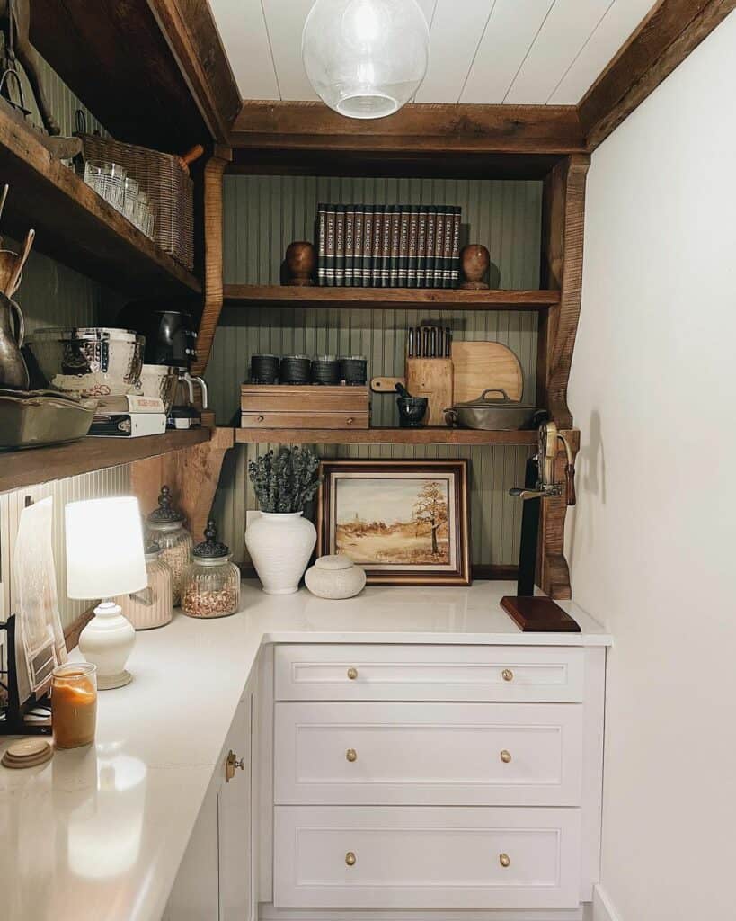 Wood Shelves Above Modern White Cabinets