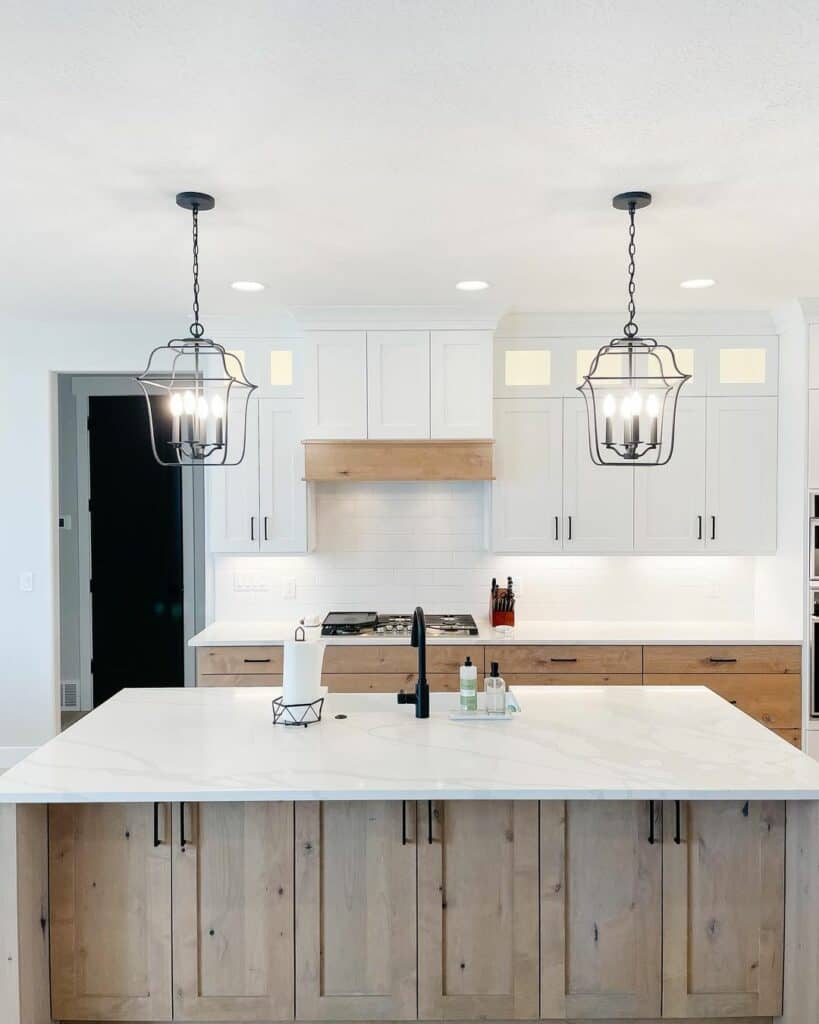 Wood and White Kitchen With Various Lighting
