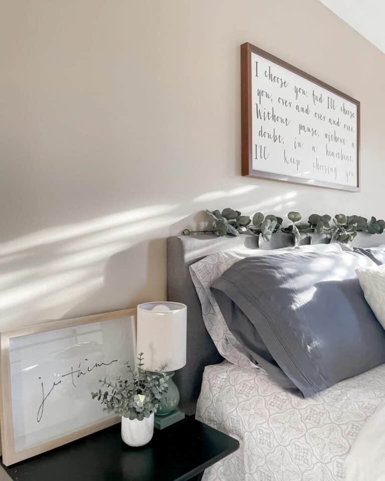 Wood-framed Wall Sign Above Farmhouse Bed