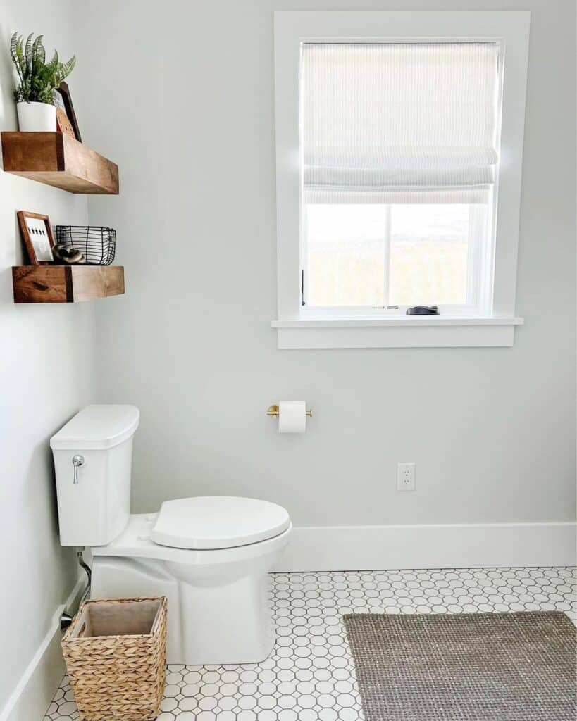 Wooden Floating Shelves Above Toilet