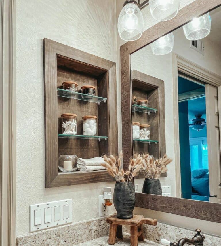 Wooden Mirror and Shelving for Rustic Bathroom