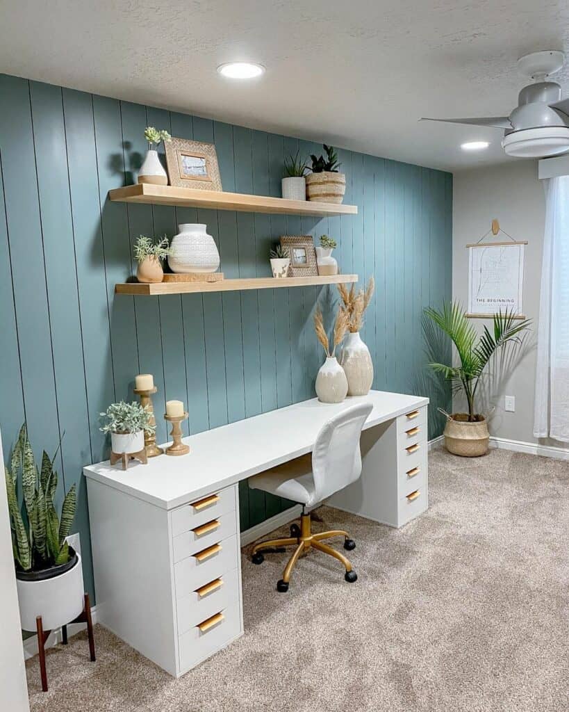 Beige Carpeted Office With Teal Shiplap Feature Wall