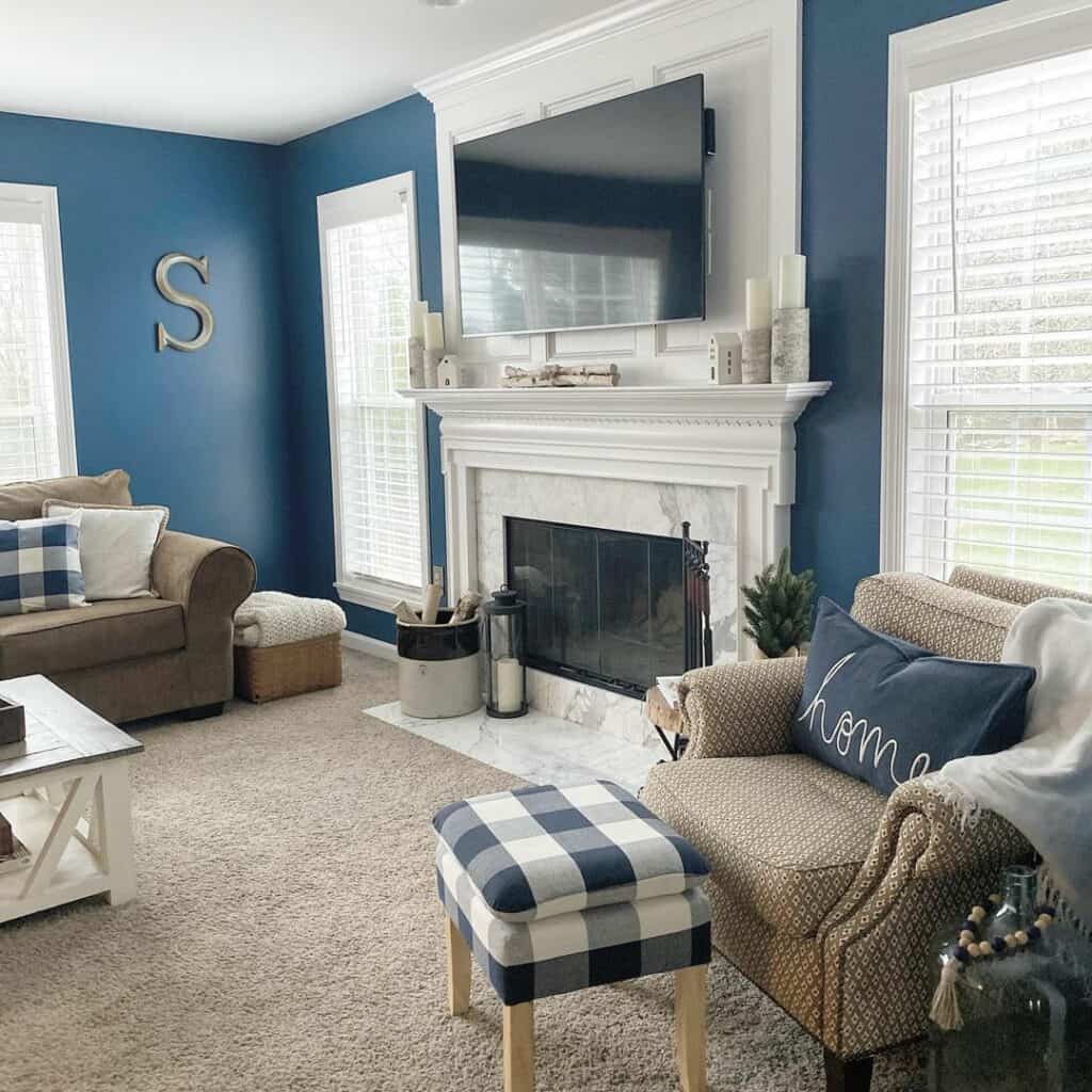 Blue Living Room Ideas With Indoor Fireplace
