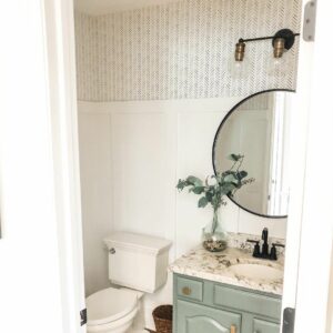 Delicate Wallpaper Over Small Bathroom Wainscoting