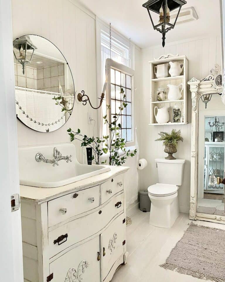 Antique White Bathroom With Indoor Plants