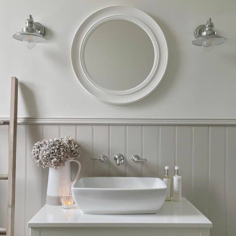 Bathroom With Gray Beadboard Wainscoting