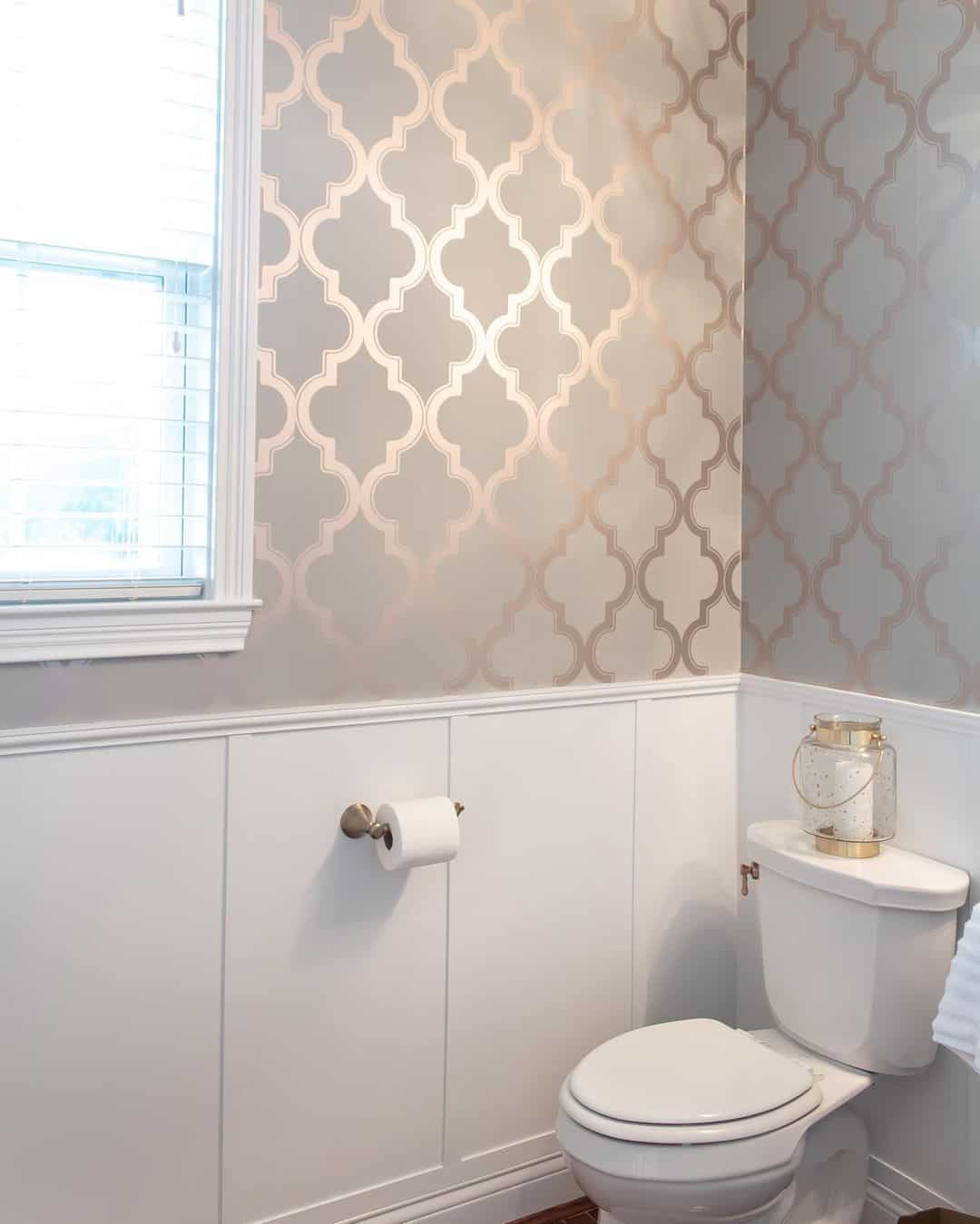 Bathroom With Gray and Gold Quatrefoil Wallpaper Soul & Lane