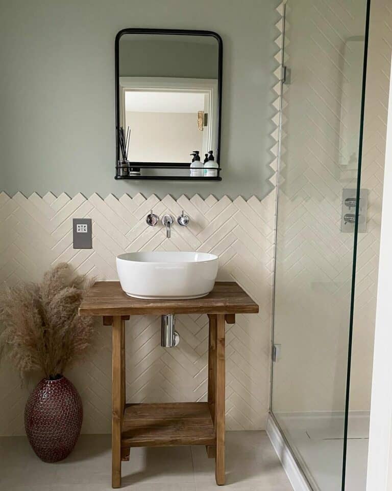 Bathroom With Ivory Herringbone Tile