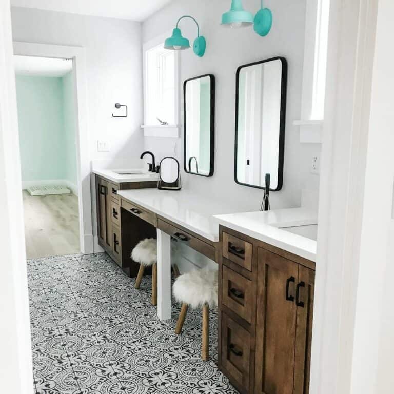 Bathroom With White and Black Mosaic Floor Tiles