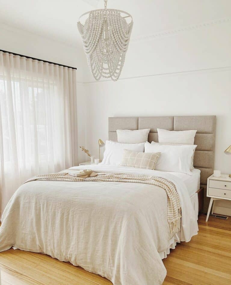 Beaded Chandelier in a Neutral Bedroom