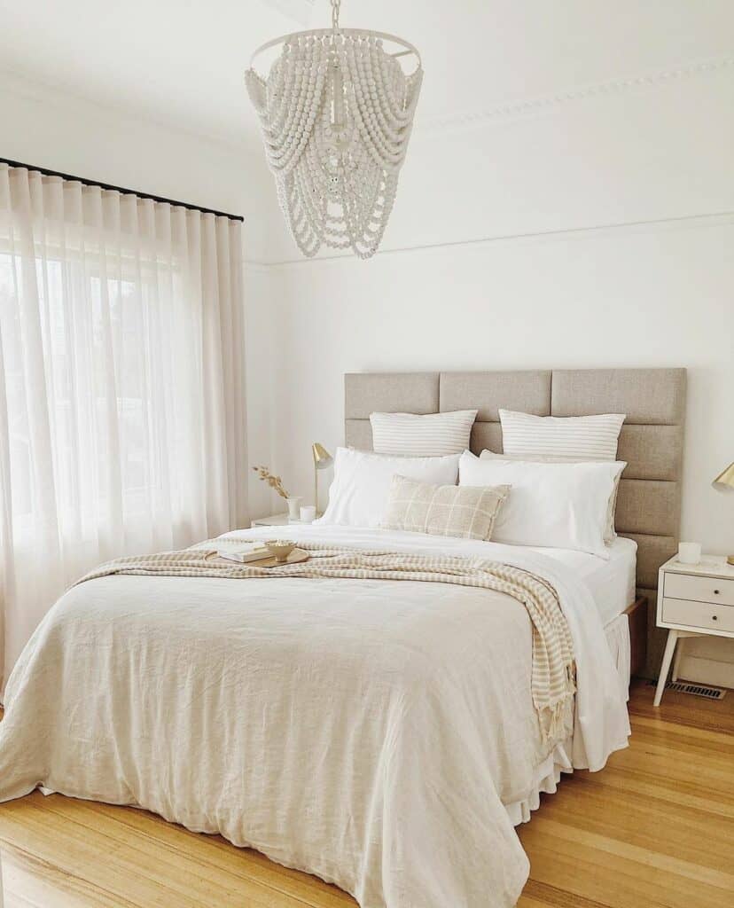 Beaded Chandelier in a Neutral Bedroom