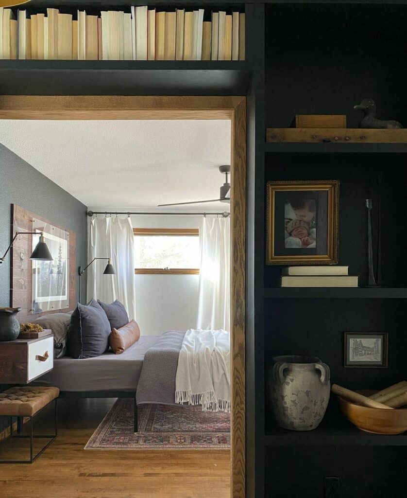 Bedroom Sitting Room With Black Bookshelves