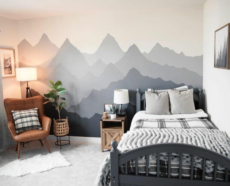 Bedroom Wall With White and Gray Mountain Mural