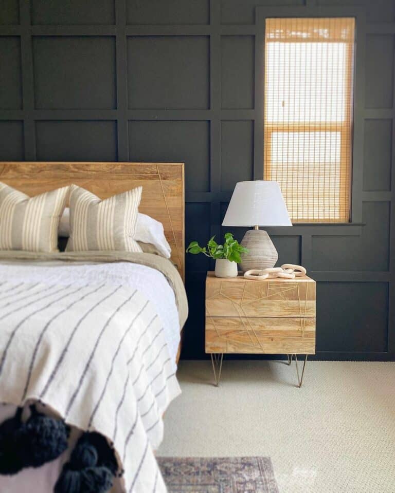 Bedroom With Maple Headboard and Nightstand
