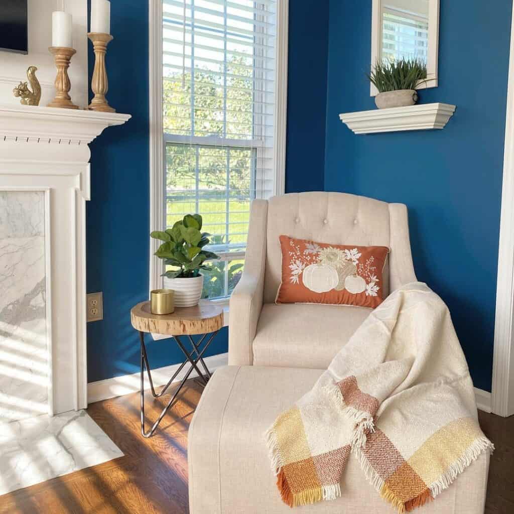 Beige Corner Chair With Wood and Black Metal Table Soul & Lane