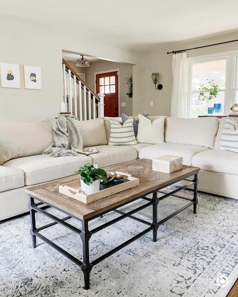Beige Sectional With Farmhouse Coffee Table