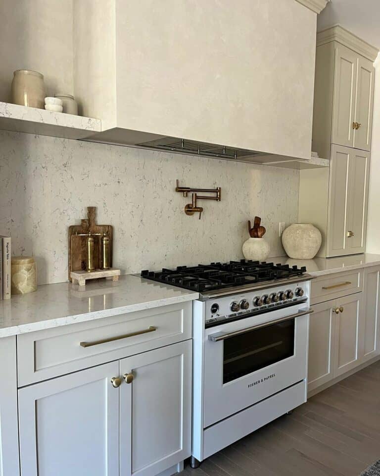 Beige Shaker Cabinets With White Kitchen Range