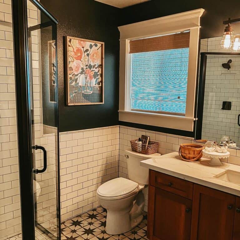 Black Bathroom With White Subway Tile