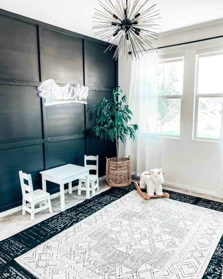 Black Board and Batten Accent Wall in Playroom