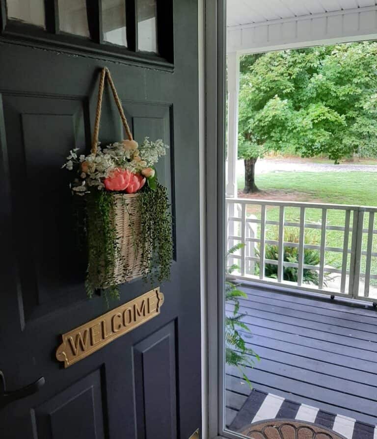 Black Front Door With Gold Welcome Door Plate