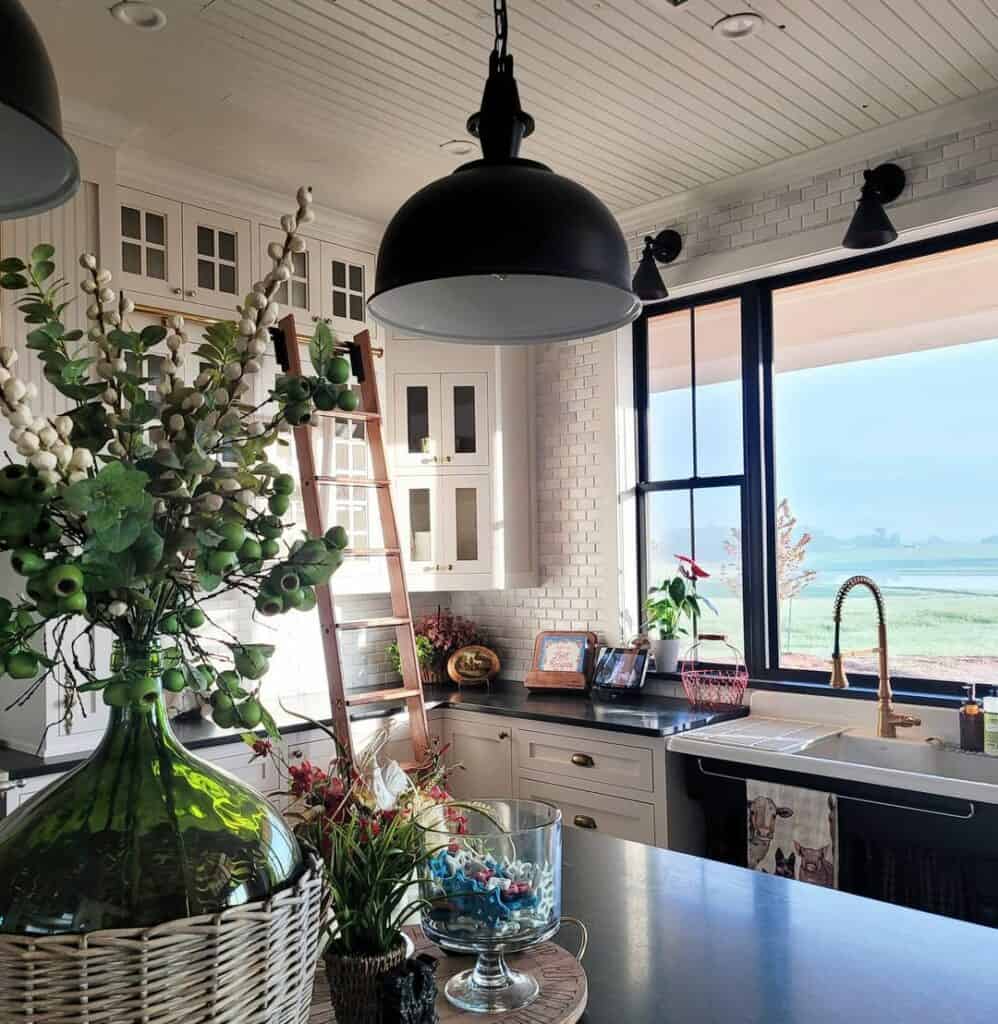 Black Marble Countertops and White Bead Board Ceiling